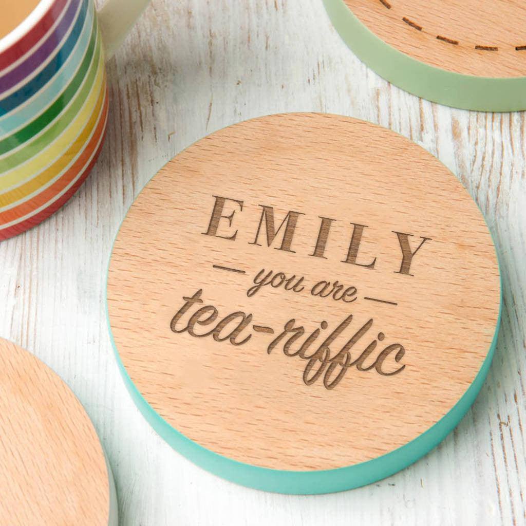 Personalised 'You Are Tea Riffic' Coloured Edge Coaster - Dustandthings.com