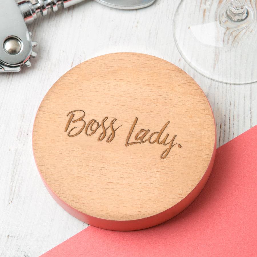 'Boss Lady' Coloured Edge Wooden Coaster - Dustandthings.com