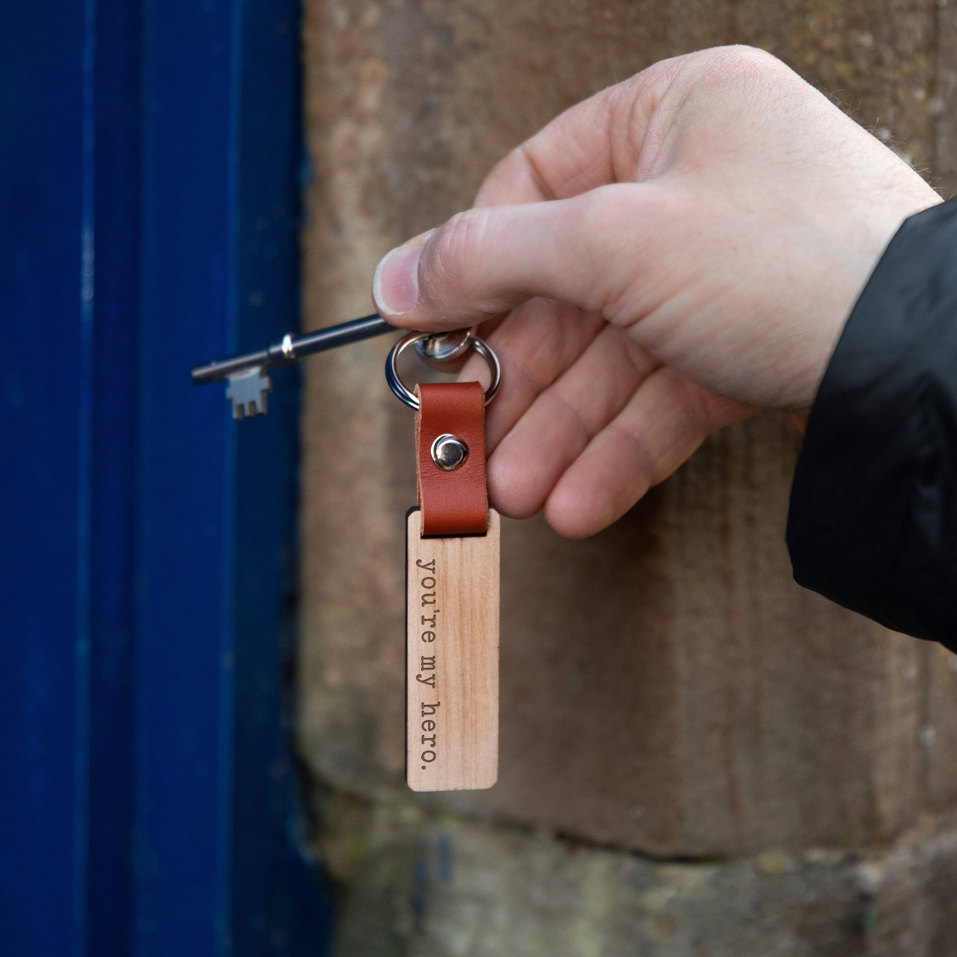 Engraved "You're My Hero" Wooden Keyring - Dustandthings.com