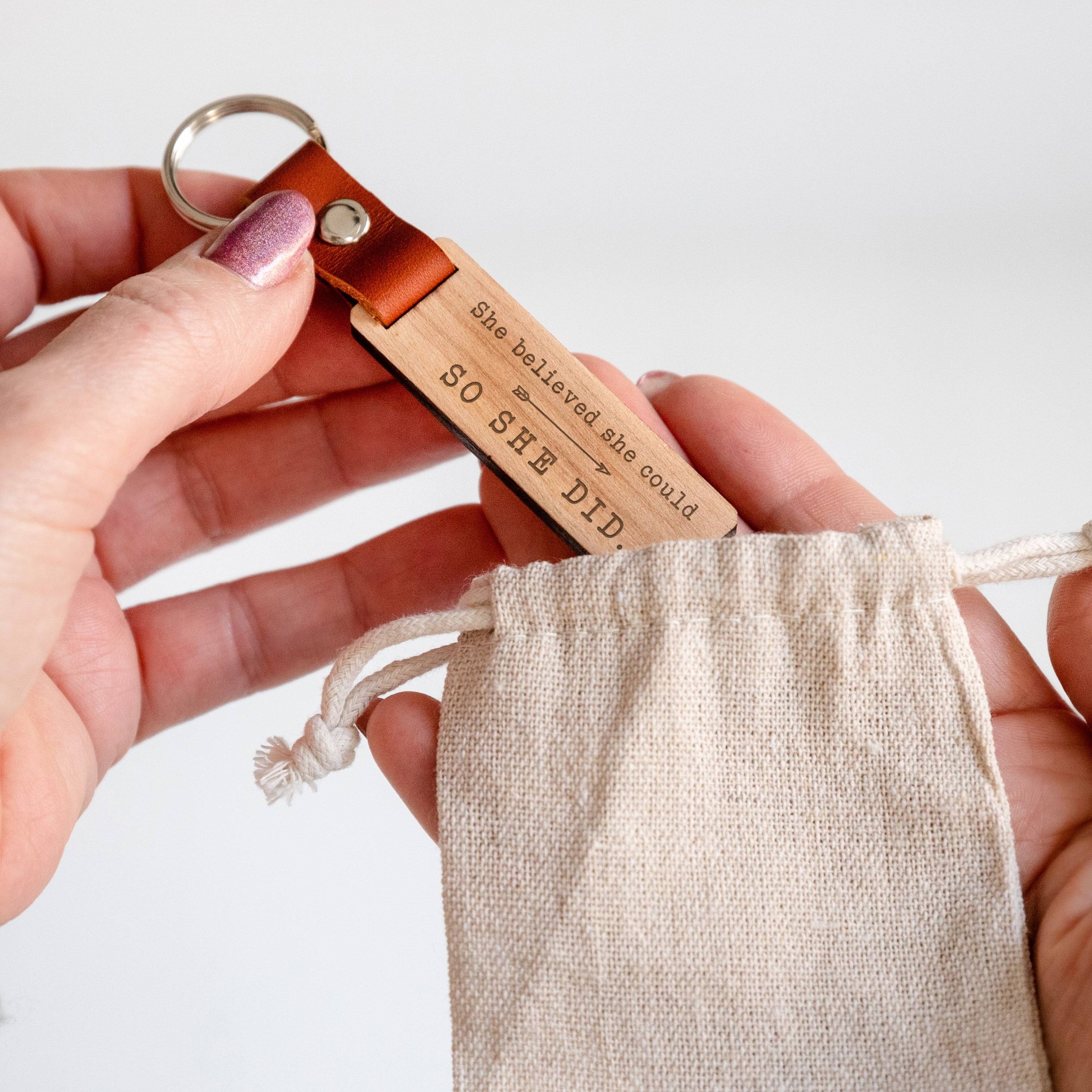 Engraved "She Believed She Could So She Did" Wooden Keyring - Dustandthings.com