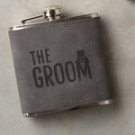 Engraved Leather Hip Flask - Groomsman Gifts - Luxury Wedding Gifts - Party Presents from Bride and Groom -  6oz Grey Leather Wrapped Canteen - Dustandthings.com