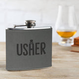 Engraved Leather Hip Flask - Groomsman Gifts - Luxury Wedding Gifts - Party Presents from Bride and Groom -  6oz Grey Leather Wrapped Canteen - Dustandthings.com