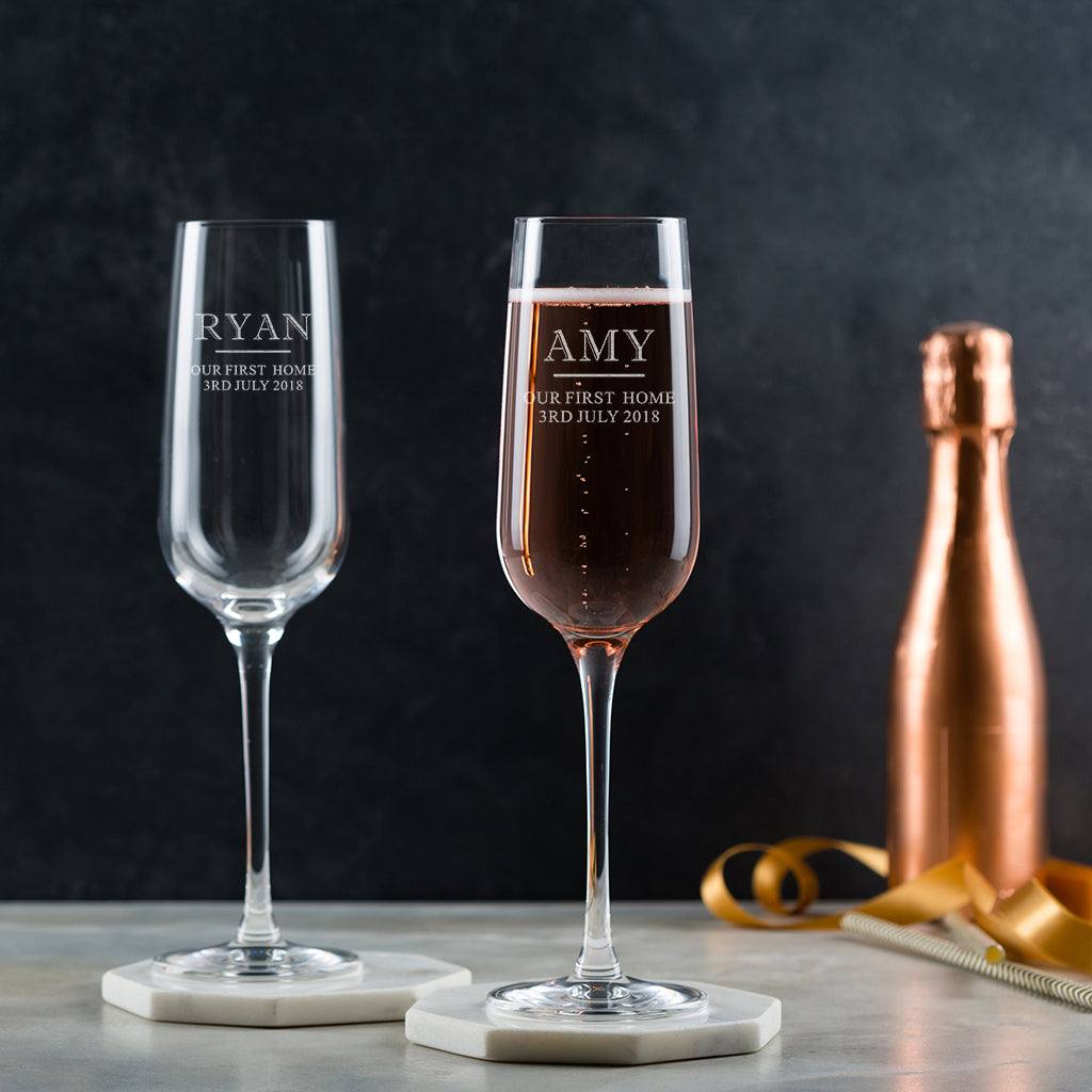 Pair Of Personalised Champagne Flutes - Engraved Housewarming Gift - Dustandthings.com