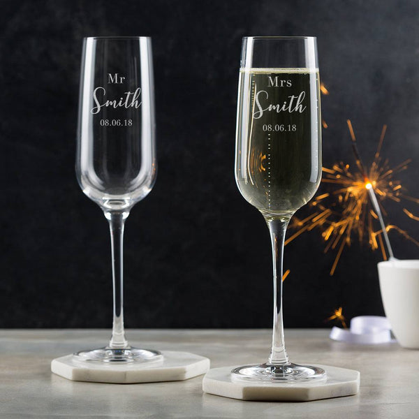 Pair Of Mr Mrs Personalised Champagne Flutes Dust and Things Premium Personalised Gifts